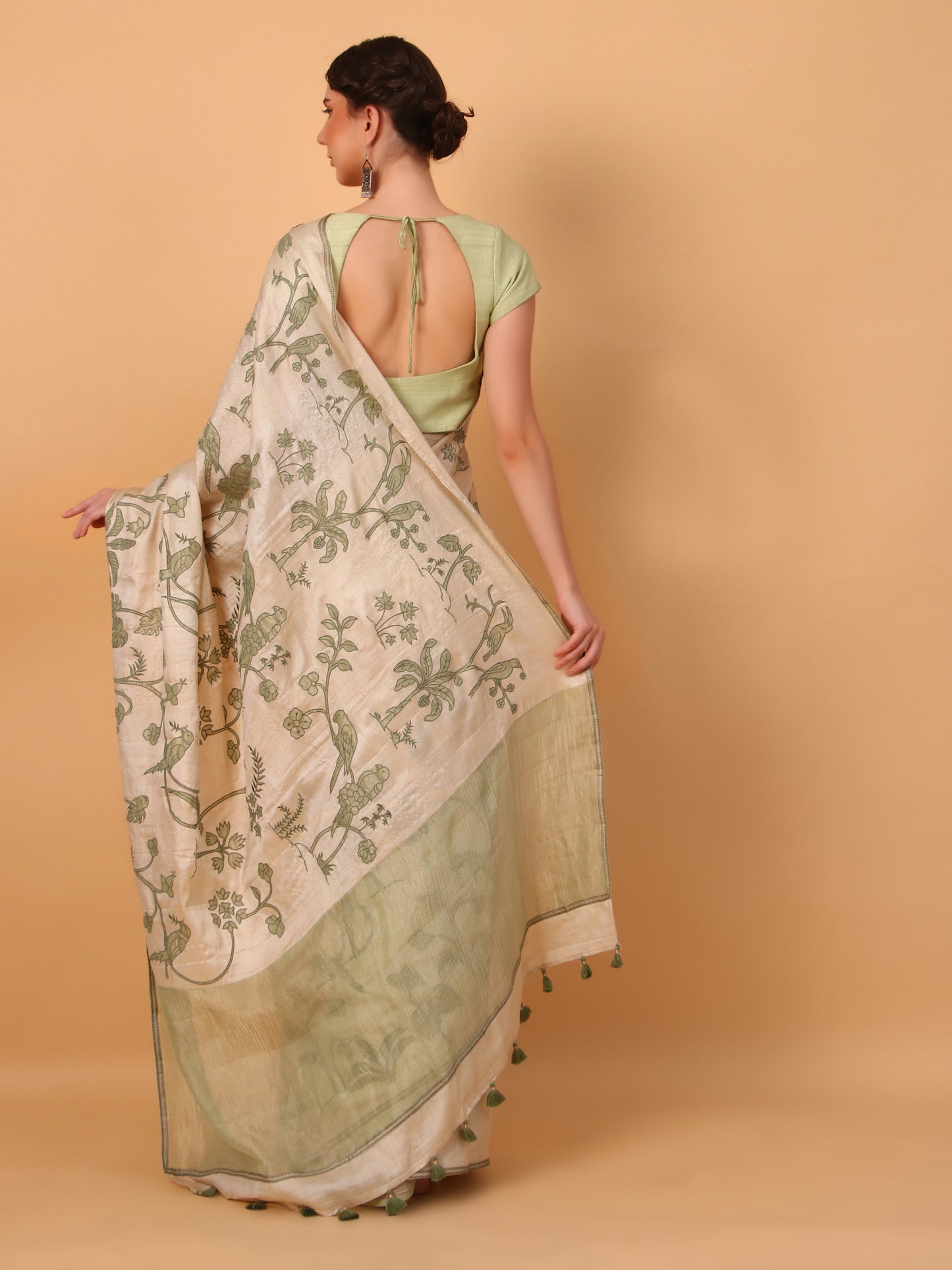 Green Tussar Saree with Patchwork and Unstitched Blouse