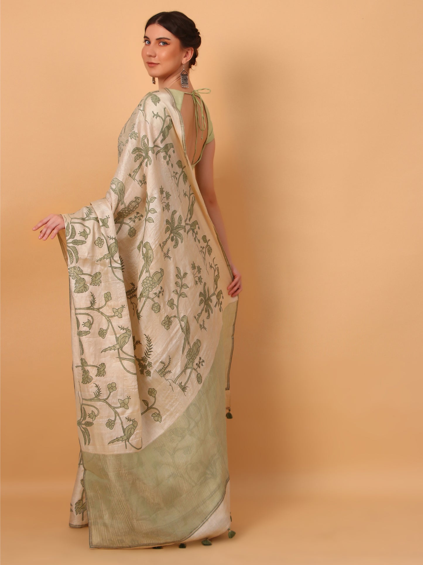 Green Tussar Saree with Patchwork and Unstitched Blouse