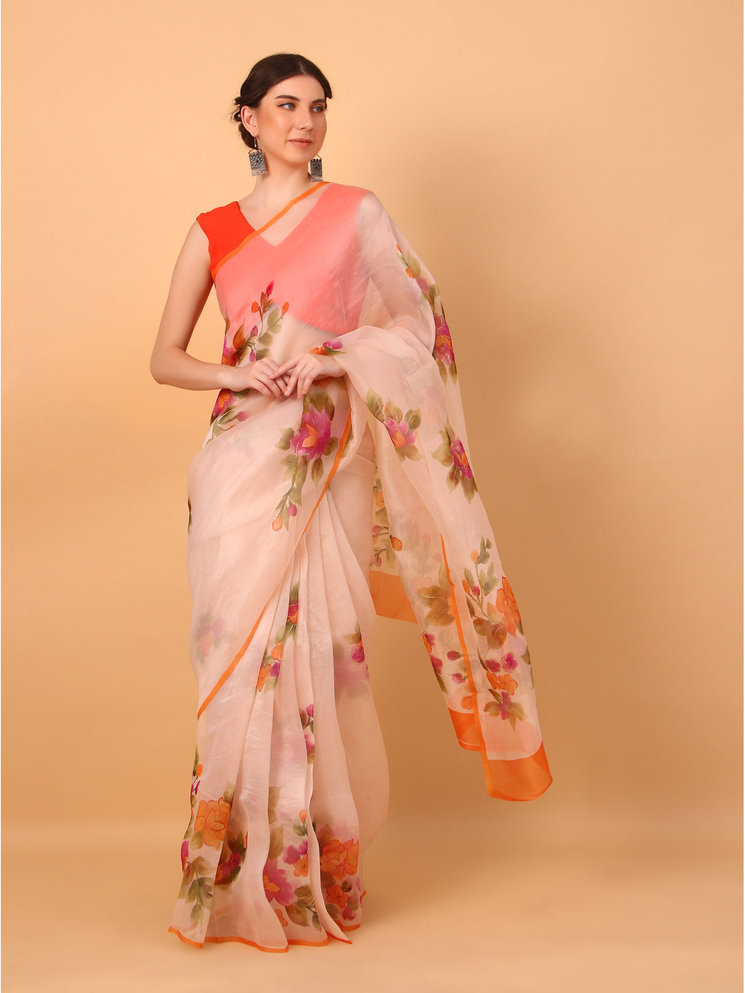 Peach Organza Saree with Unstitched Blouse