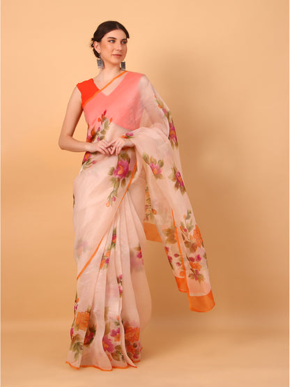 Peach Organza Saree with Unstitched Blouse