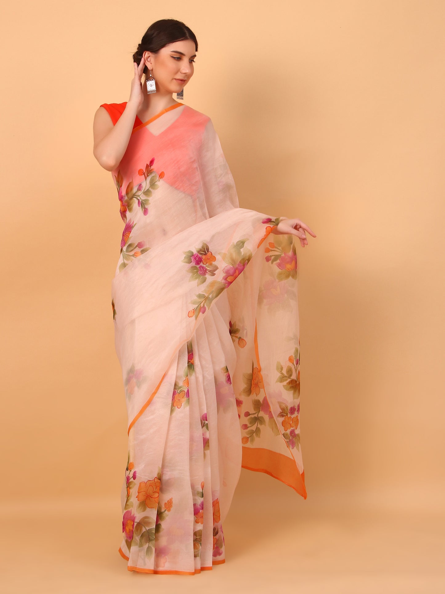 Peach Organza Saree with Unstitched Blouse