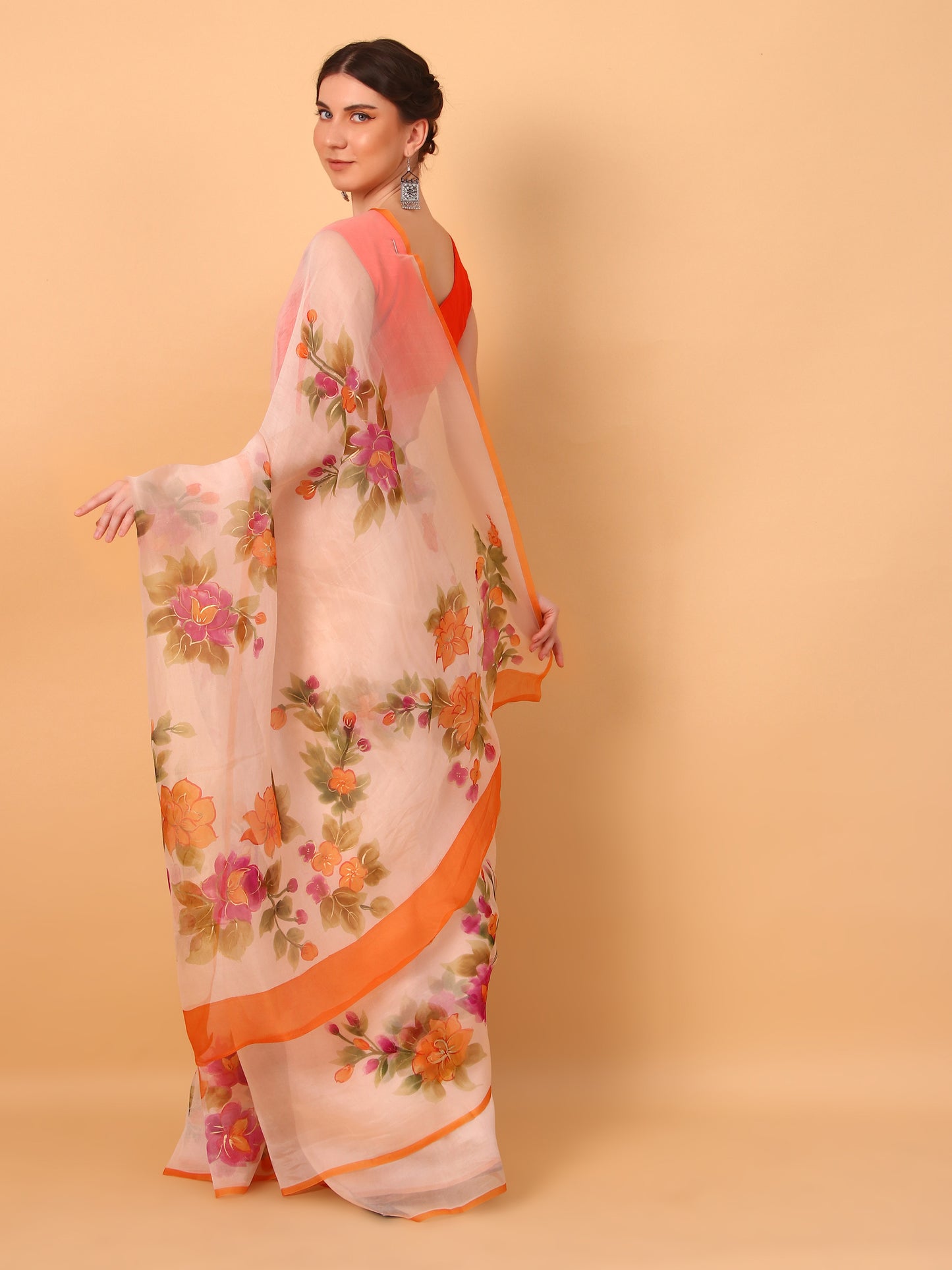 Peach Organza Saree with Unstitched Blouse