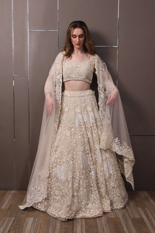 Offwhite Organza Lehenga Set with Blouse & Dupatta