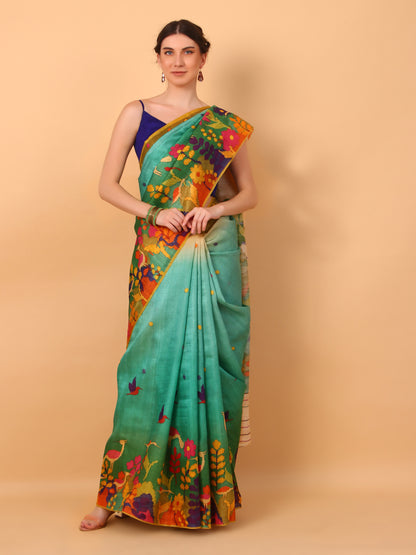 Multicolor Floral Silk Saree with Unstitched Blouse