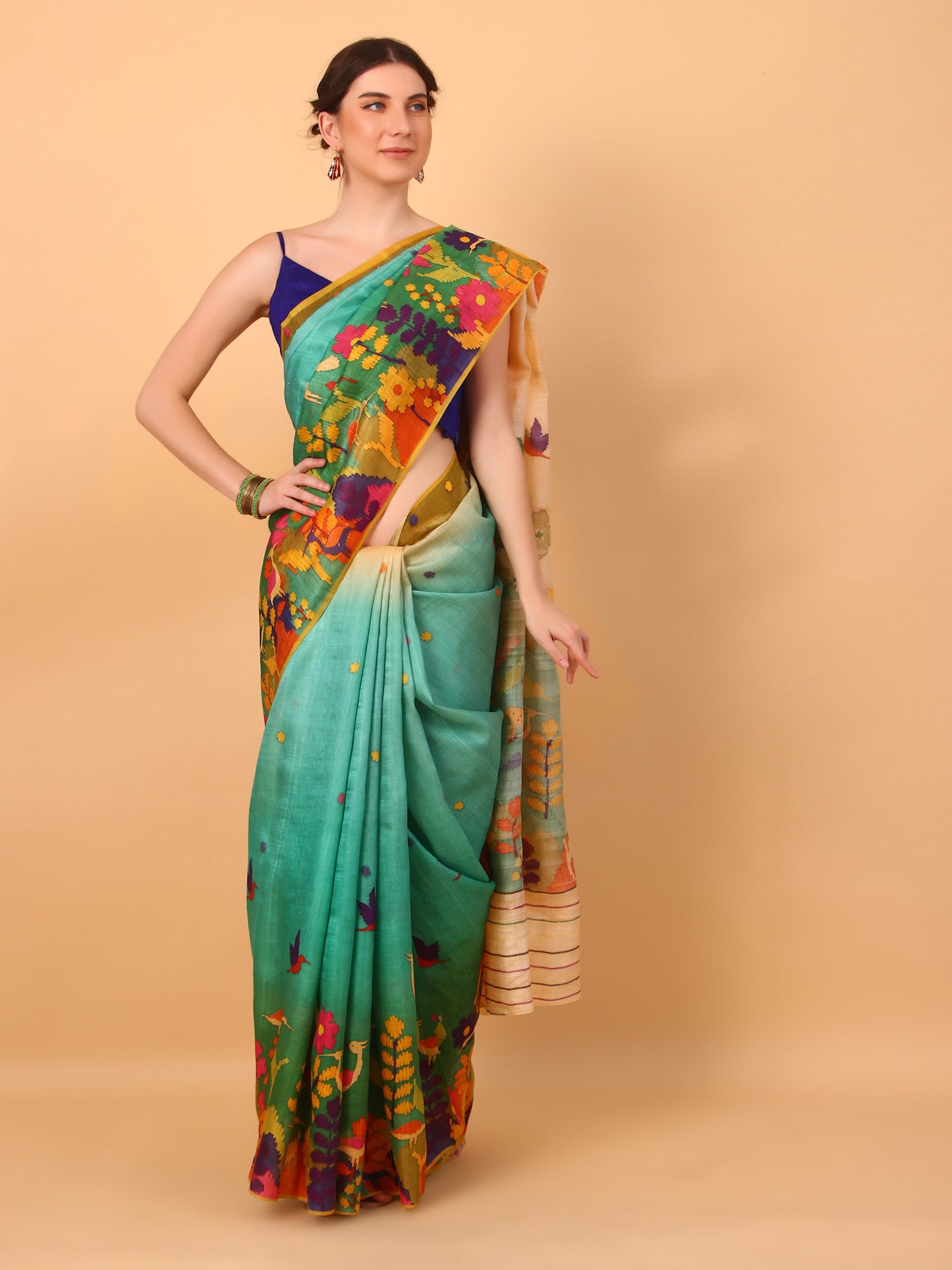 Multicolor Floral Silk Saree with Unstitched Blouse