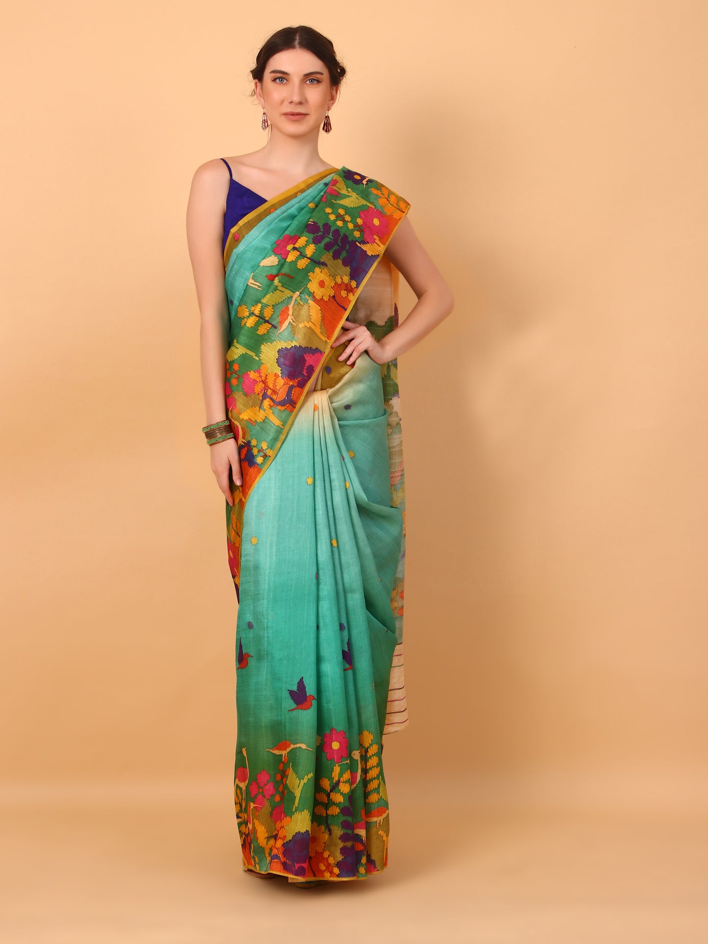 Multicolor Floral Silk Saree with Unstitched Blouse