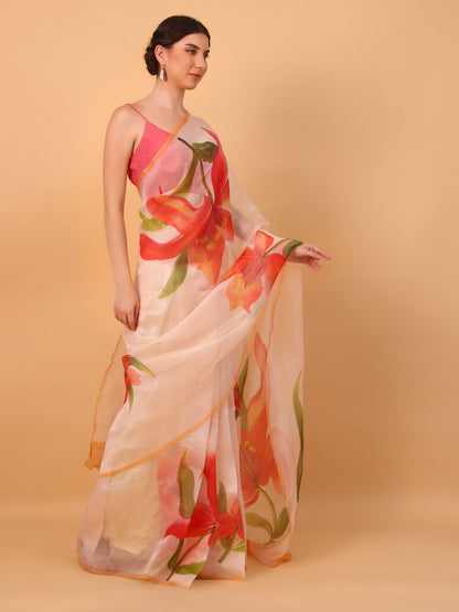 Pink Organza Saree with Unstitched Blouse