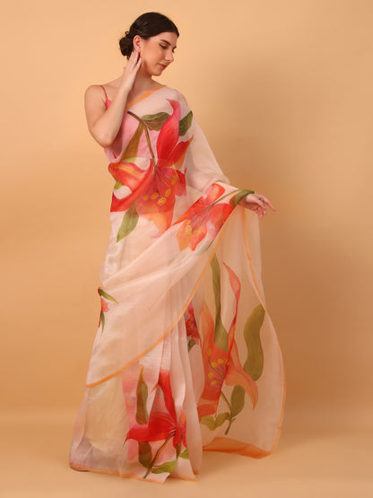 Pink Organza Saree with Unstitched Blouse