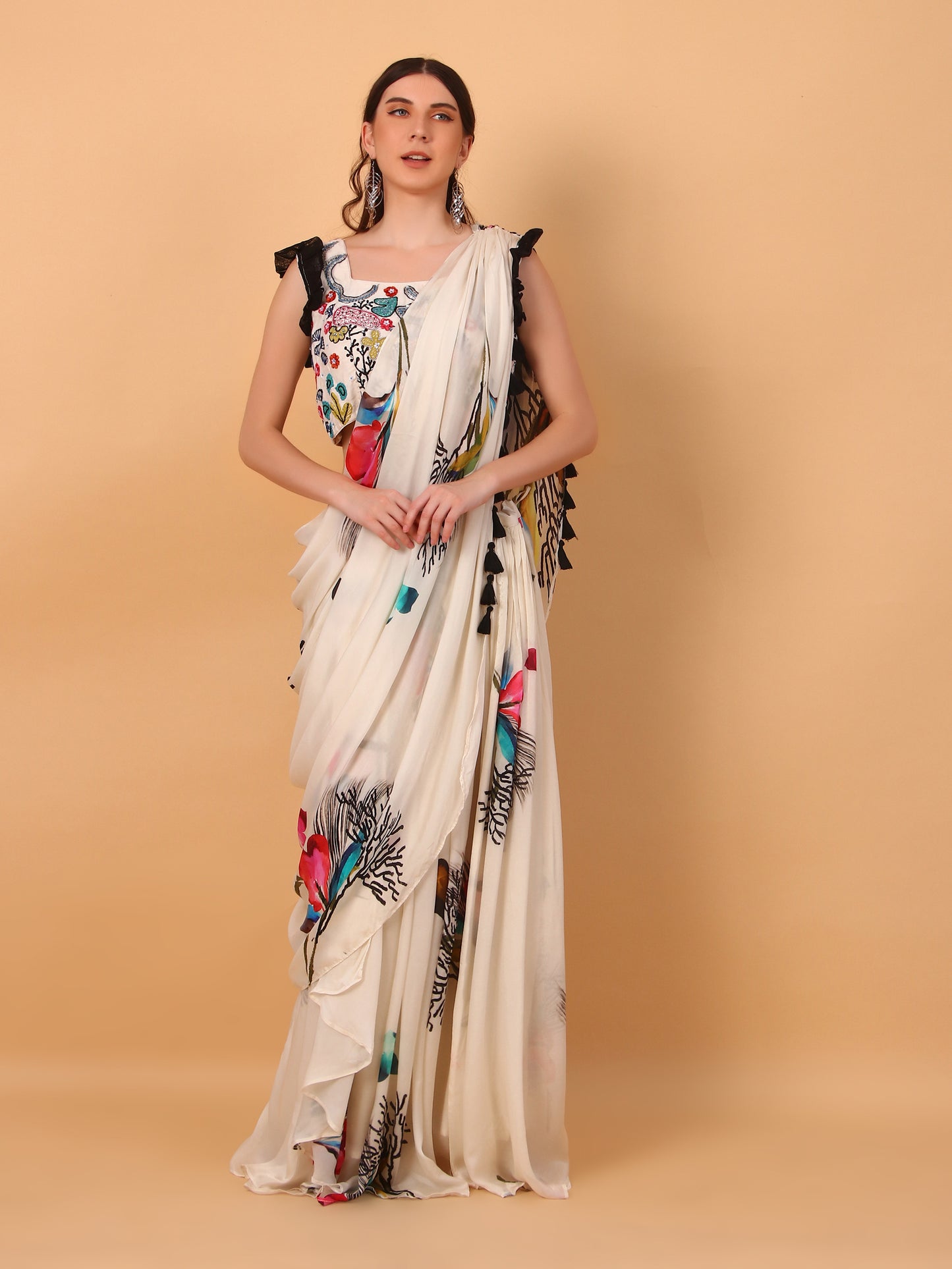 Off-White Georgette Drape Saree Set