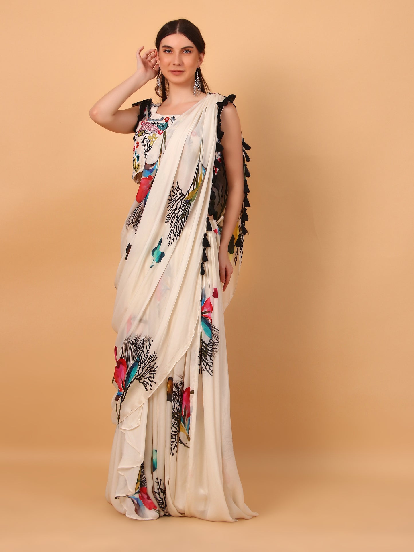 Off-White Georgette Drape Saree Set