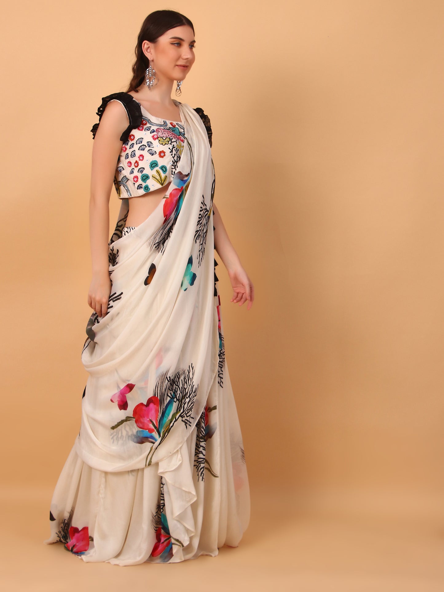 Off-White Georgette Drape Saree Set