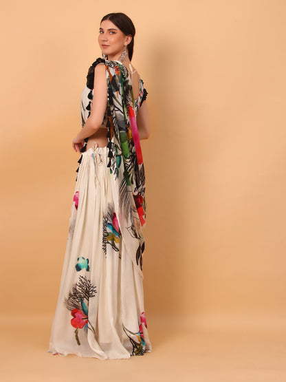 Off-White Georgette Drape Saree Set