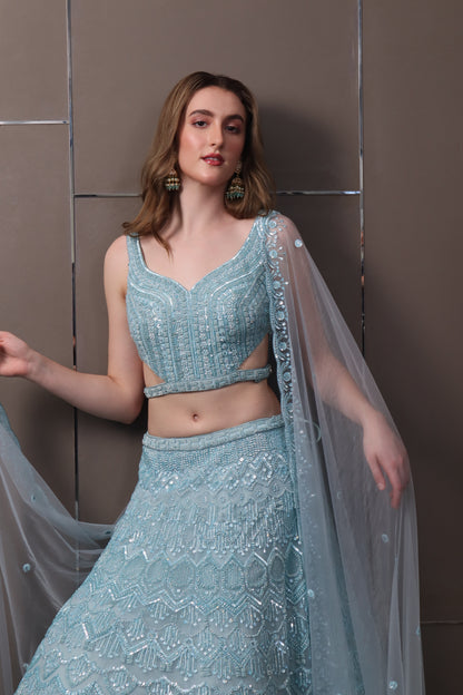 Sky Blue Organza Lehenga Set with Blouse & Dupatta