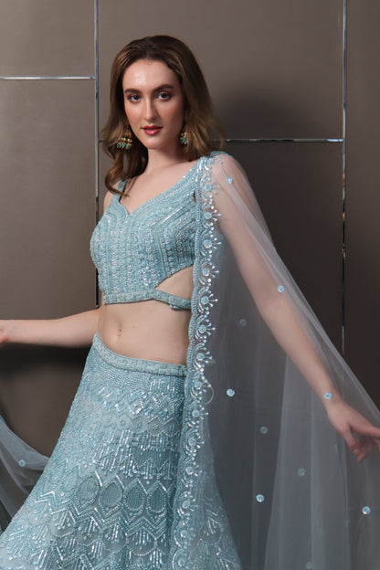 Sky Blue Organza Lehenga Set with Blouse & Dupatta