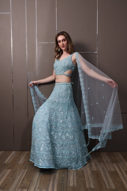 Sky Blue Organza Lehenga Set with Blouse & Dupatta