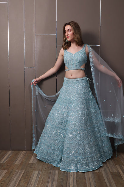 Sky Blue Organza Lehenga Set with Blouse & Dupatta