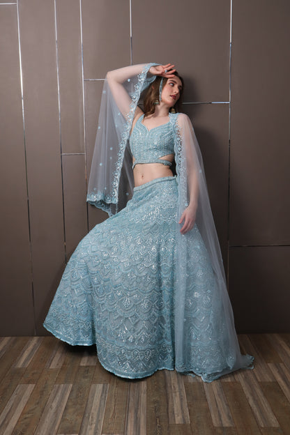 Sky Blue Organza Lehenga Set with Blouse & Dupatta