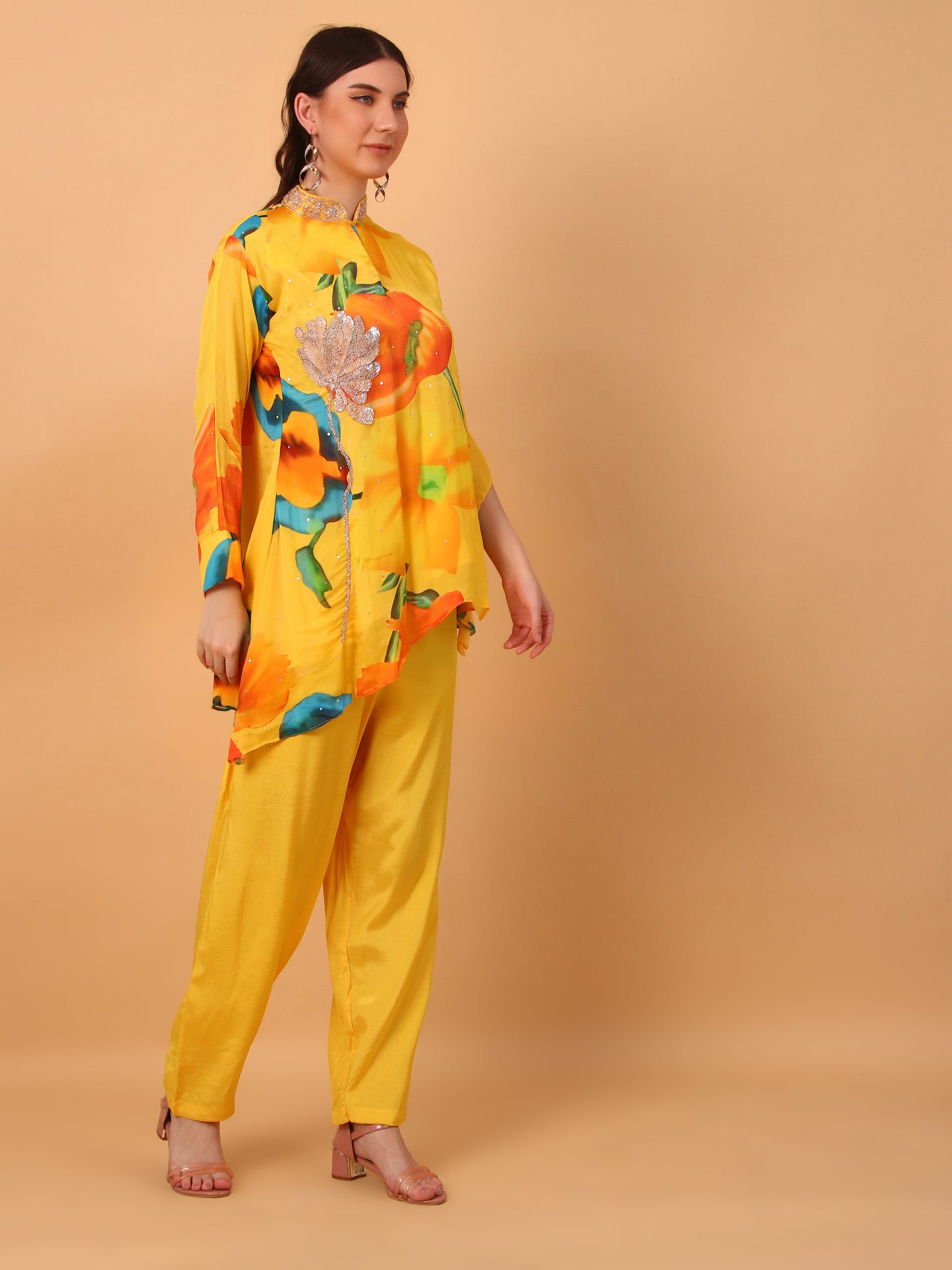 Yellow Hand Embroidered Two Piece Set