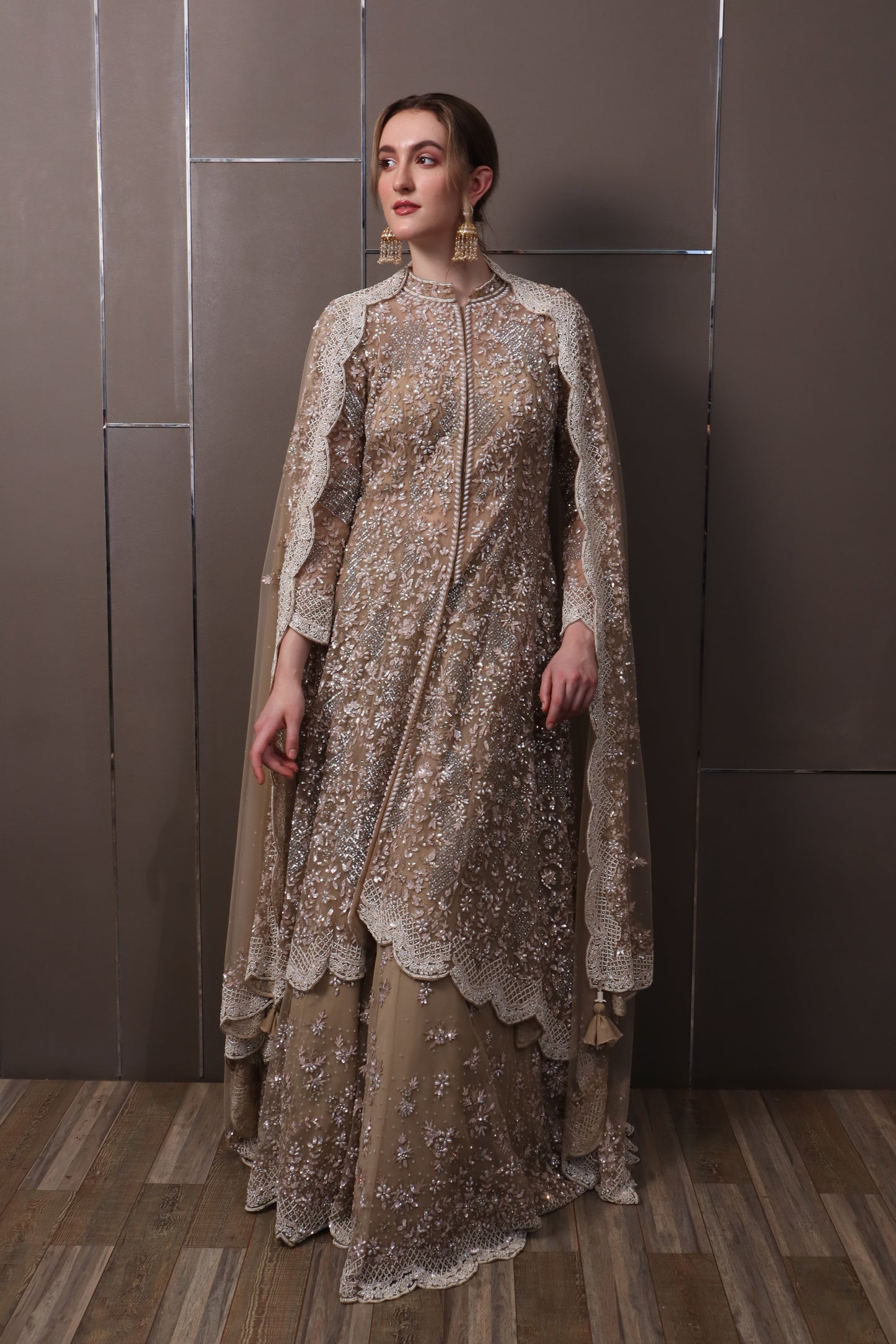 Brown Organza Lehenga Set with Kurti & Dupatta