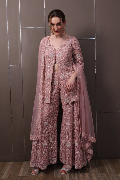 Peach Organza Set with Palazzos, Short Kurti & Dupatta