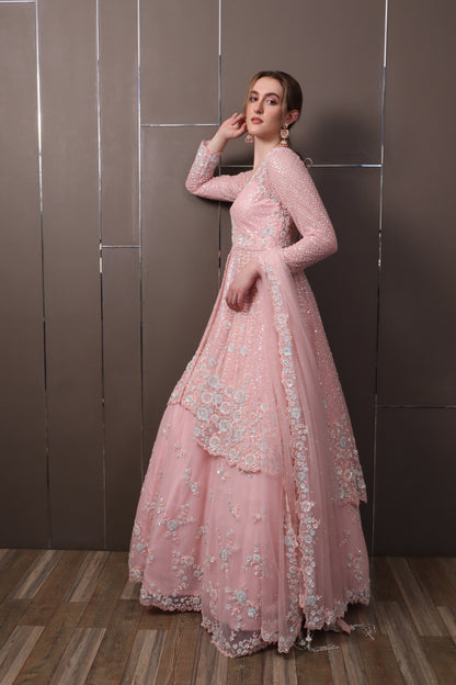 Pink Net Lehenga Set with Kurti & Dupatta