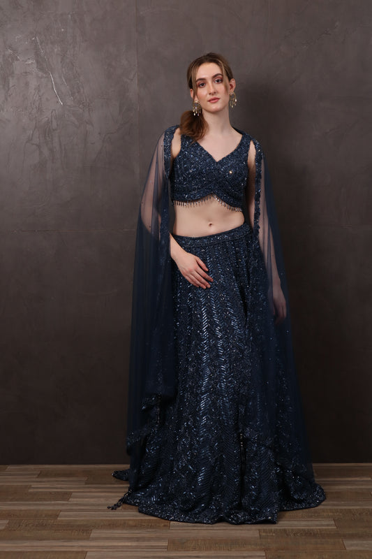 Dark Blue Chiffon Lehenga Set with Blouse & Dupatta