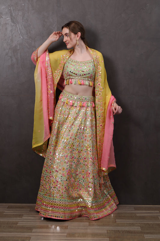 Multicolour Organza Lehenga Set with Blouse & Dupatta