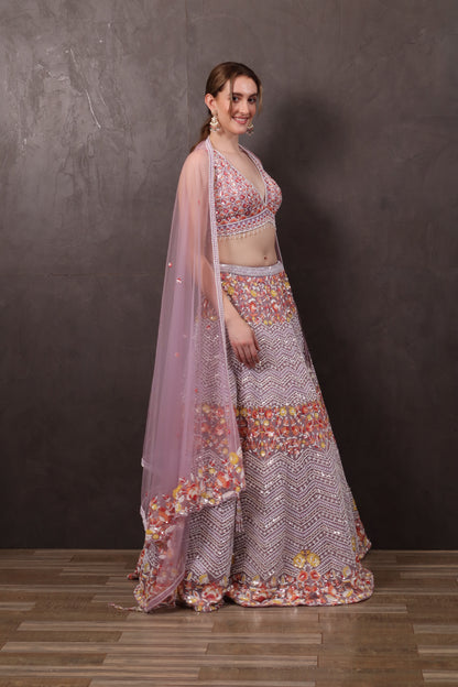 Peach Net Lehenga Set with Blouse & Dupatta