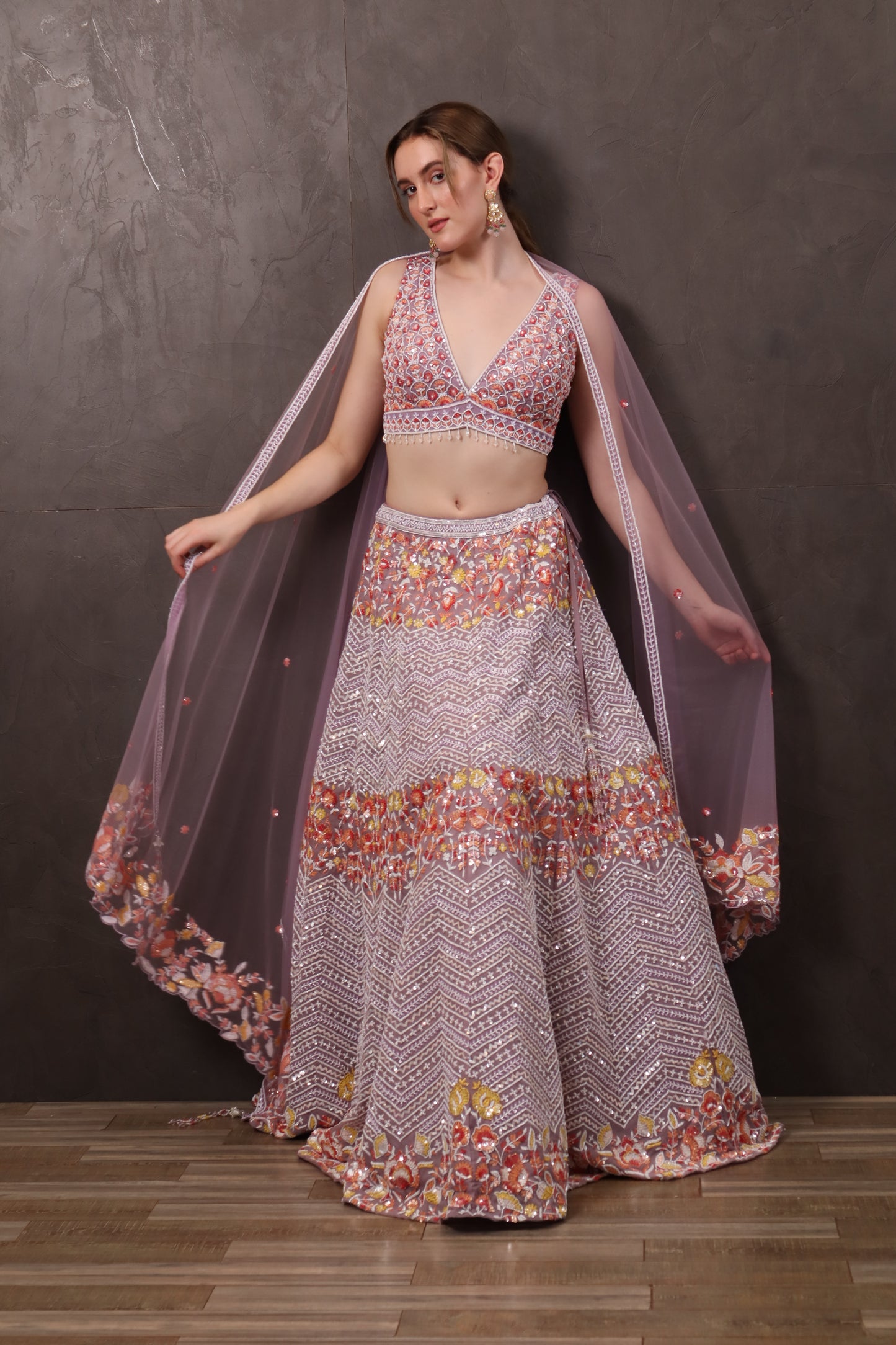 Peach Net Lehenga Set with Blouse & Dupatta