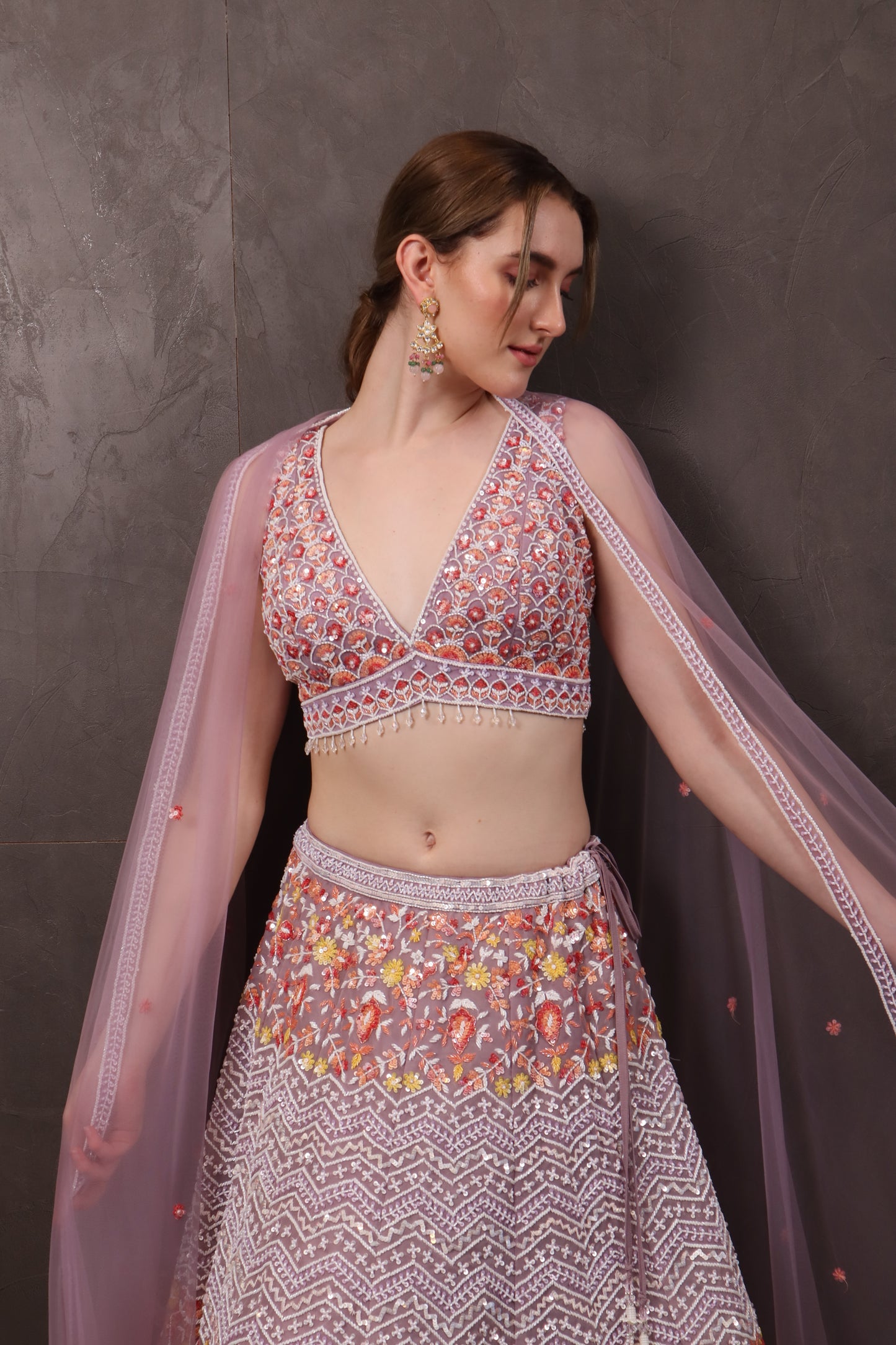 Peach Net Lehenga Set with Blouse & Dupatta