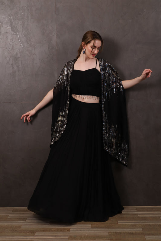 Black Chiffon Lehenga Set with Shrug & Blouse