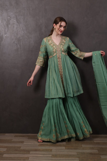 Green Crepe Palazzo Set with Kurti & Dupatta