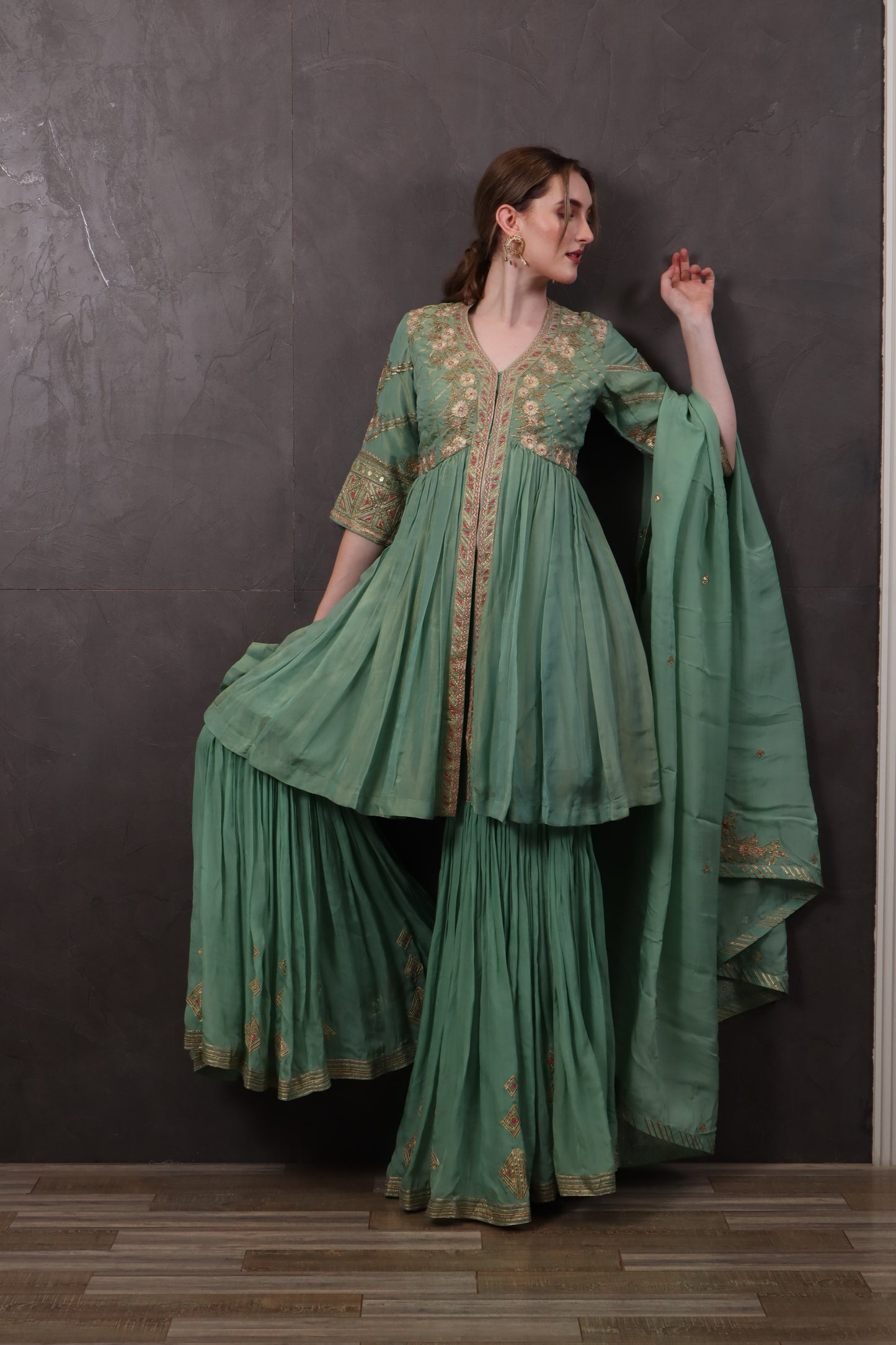 Green Crepe Palazzo Set with Kurti & Dupatta