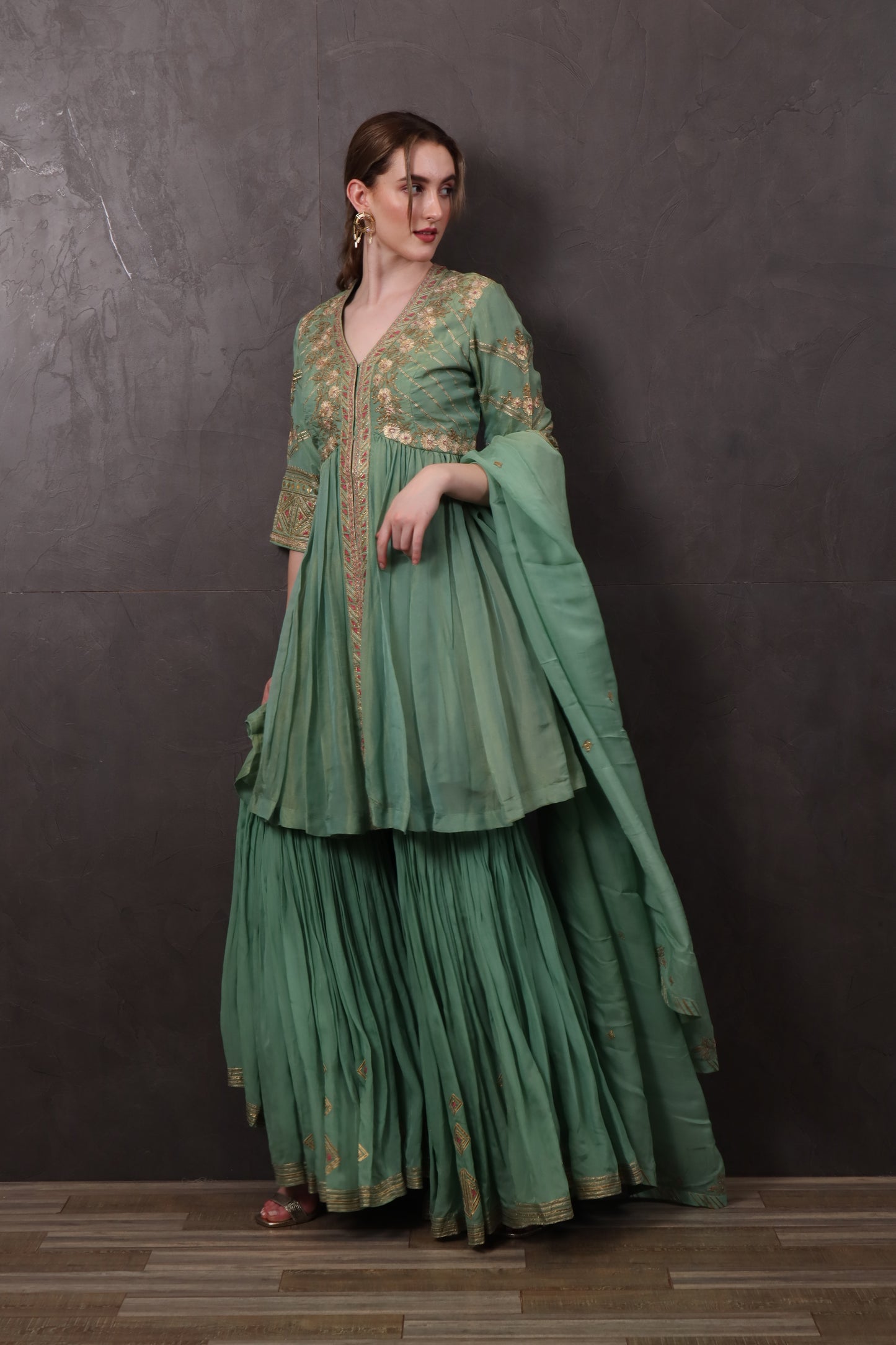 Green Crepe Palazzo Set with Kurti & Dupatta