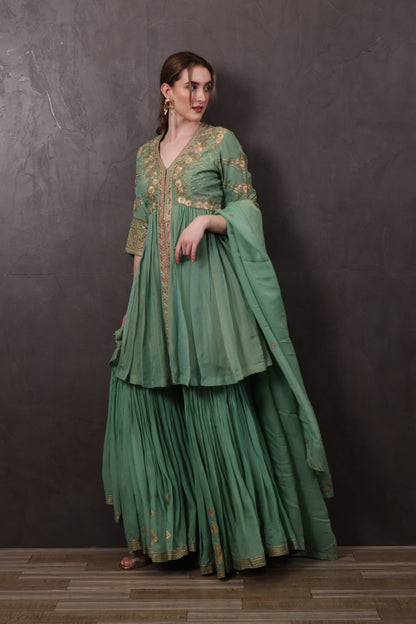 Green Crepe Palazzo Set with Kurti & Dupatta