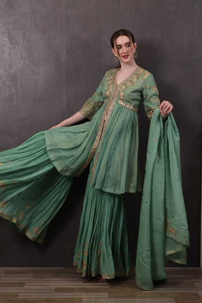 Green Crepe Palazzo Set with Kurti & Dupatta