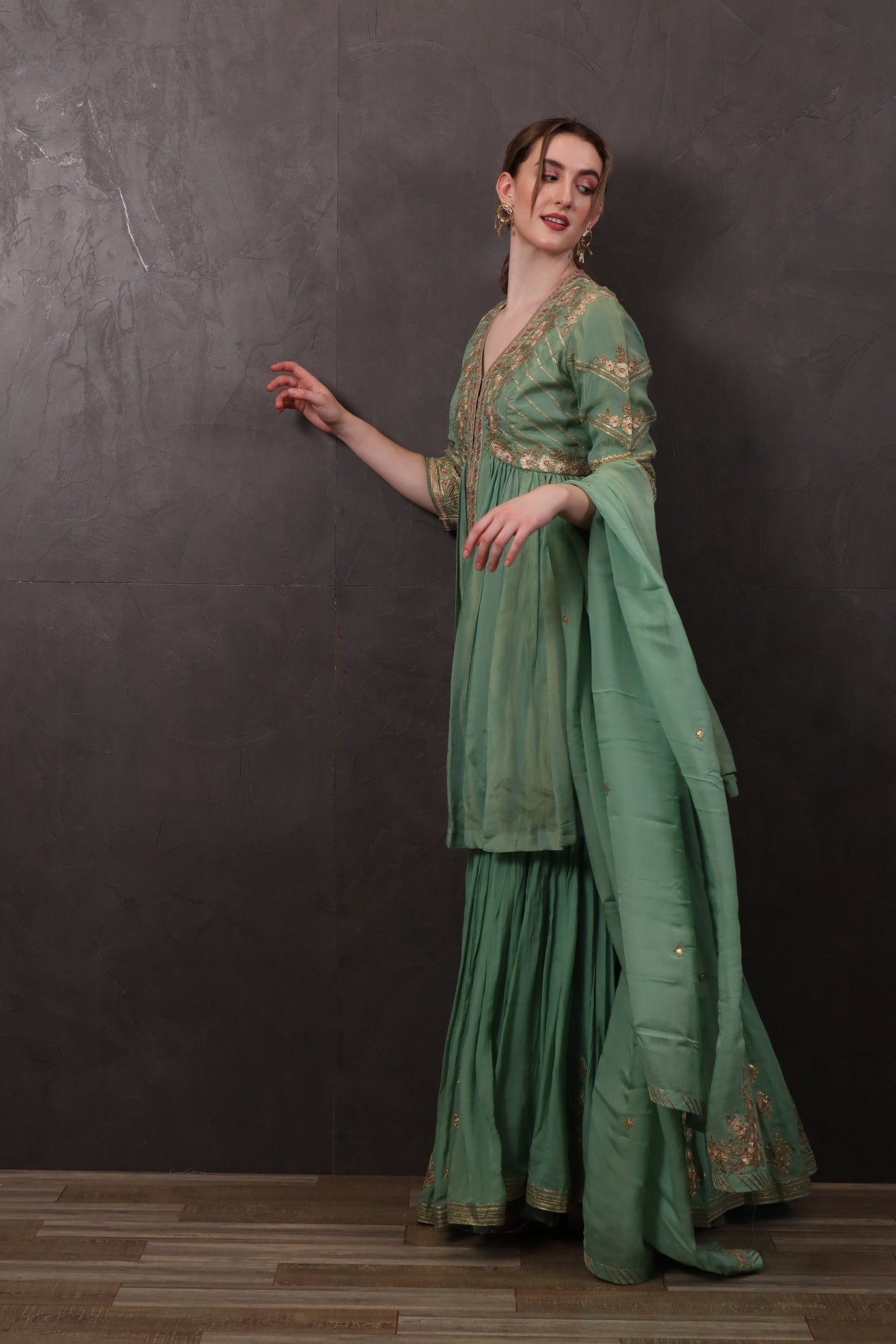 Green Crepe Palazzo Set with Kurti & Dupatta