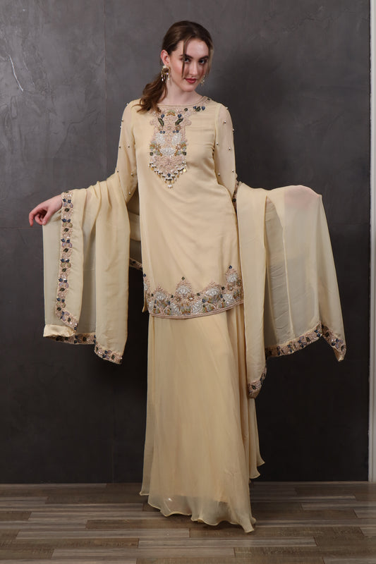 Beige Organza Sharara Set with Kurti & Dupatta