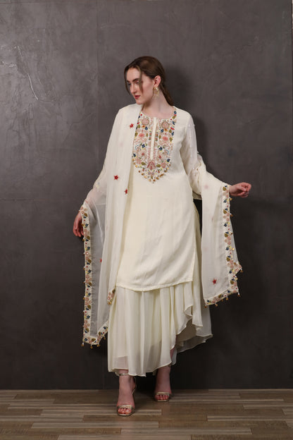 Offwhite Chinon Palazzo Set with Kurti & Dupatta