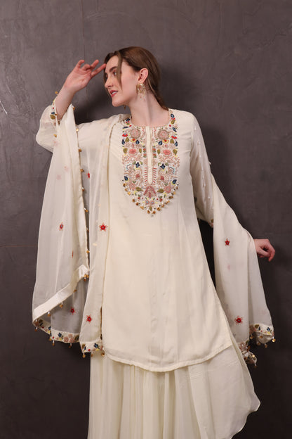 Offwhite Chinon Palazzo Set with Kurti & Dupatta