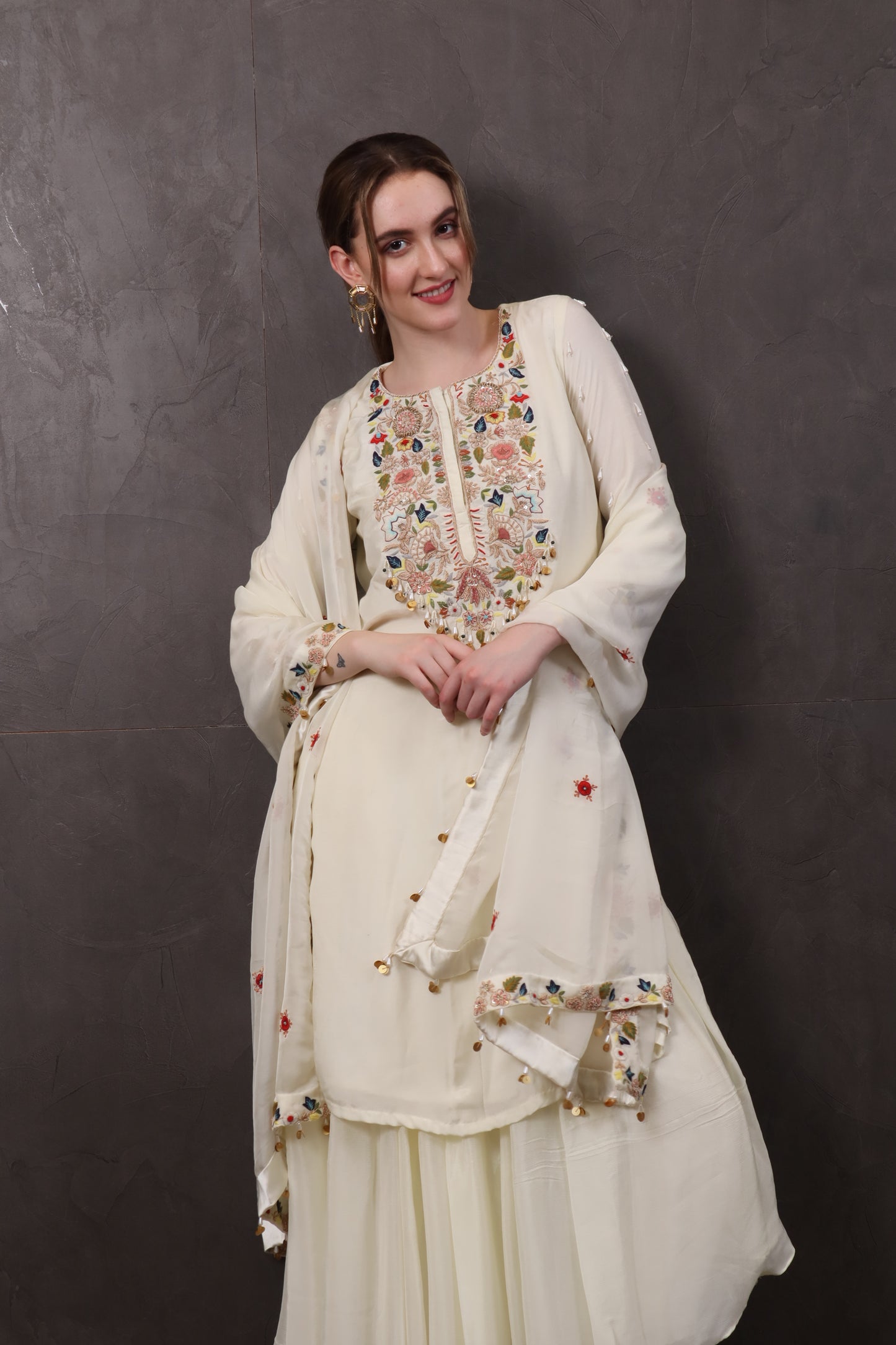 Offwhite Chinon Palazzo Set with Kurti & Dupatta