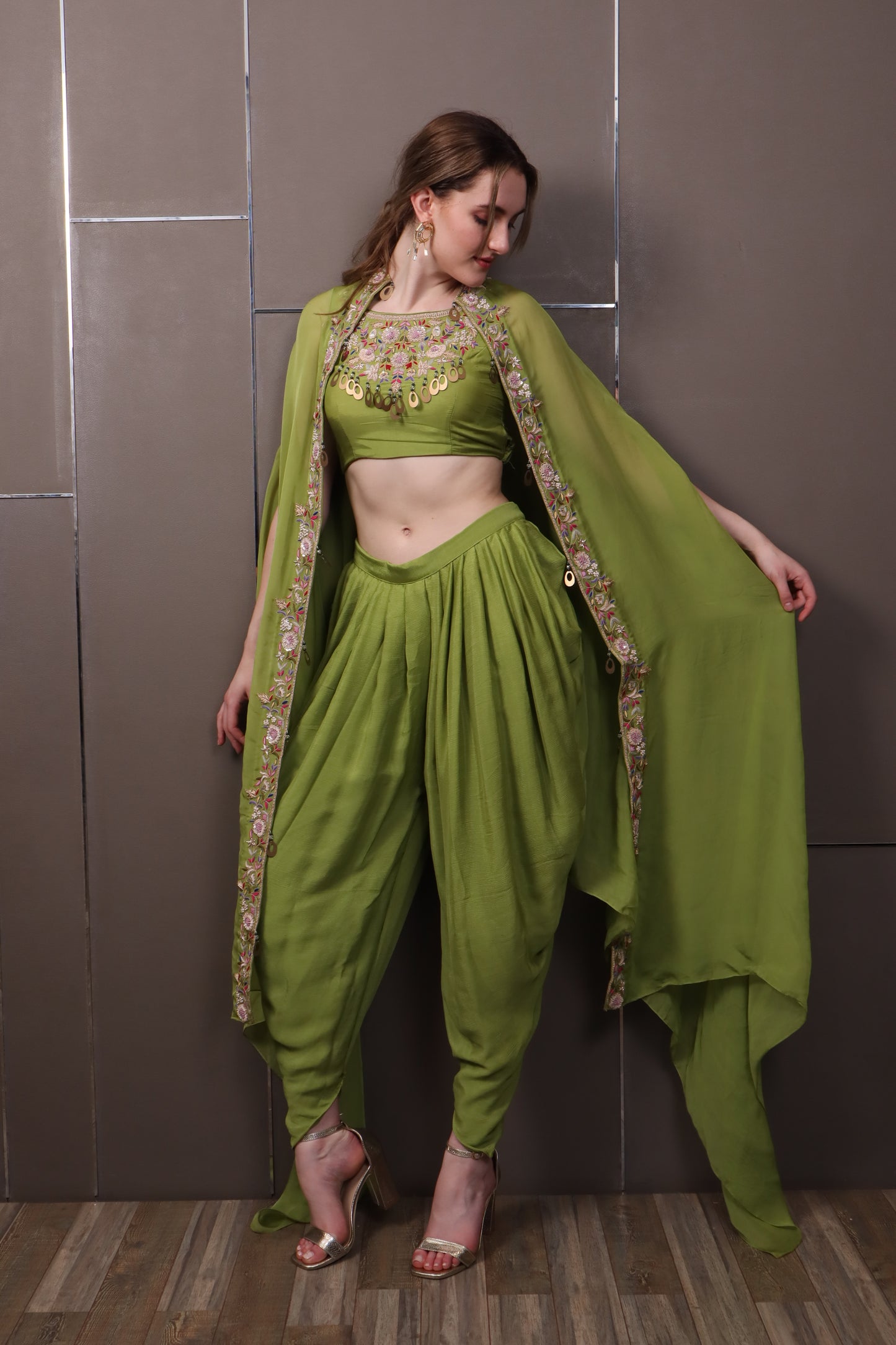 Green Muslin Dhoti Pant Set with Top & Shrug