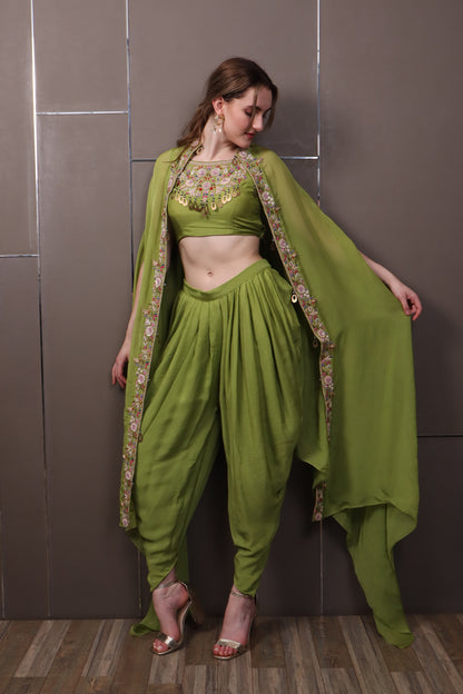 Green Muslin Dhoti Pant Set with Top & Shrug