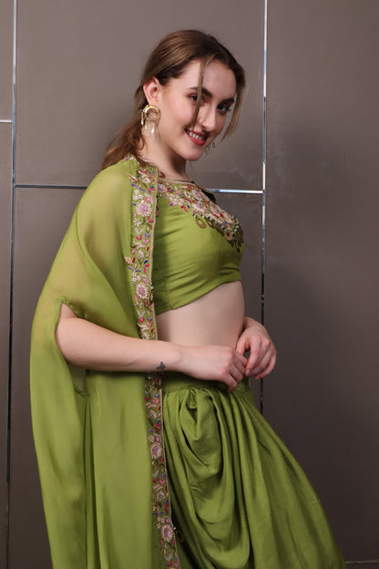 Green Muslin Dhoti Pant Set with Top & Shrug