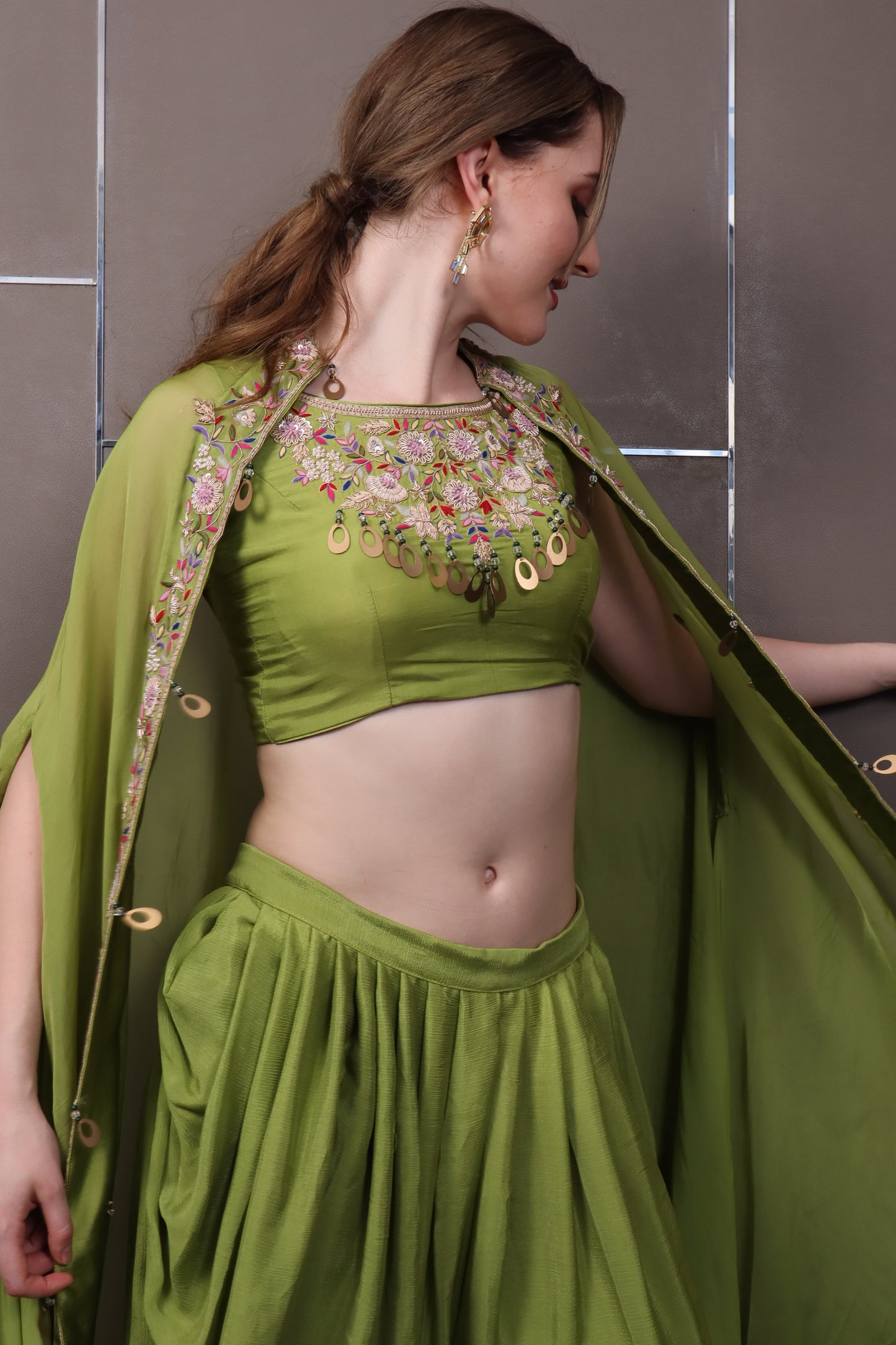 Green Muslin Dhoti Pant Set with Top & Shrug