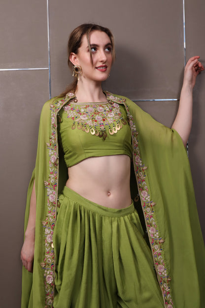 Green Muslin Dhoti Pant Set with Top & Shrug