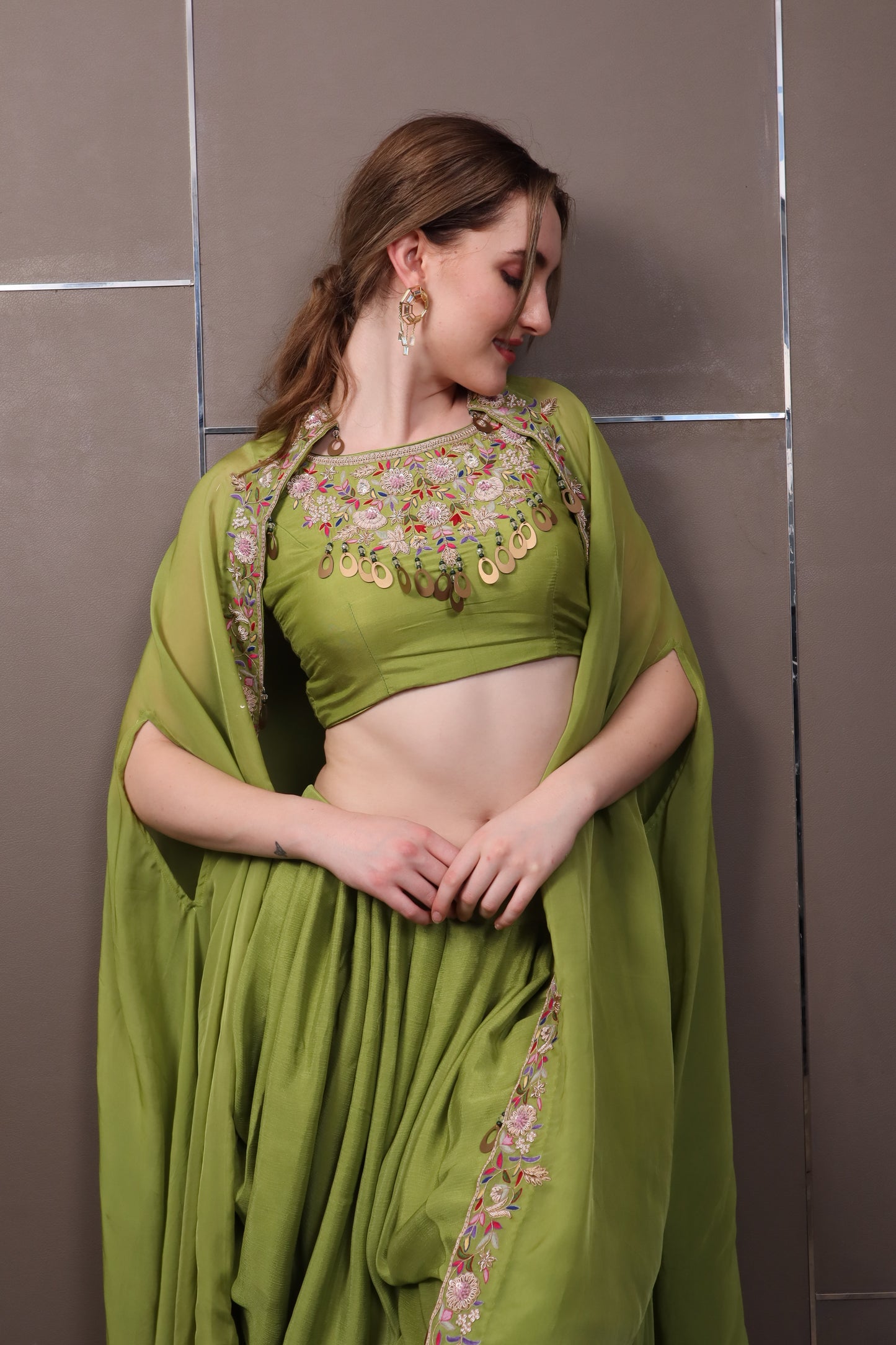 Green Muslin Dhoti Pant Set with Top & Shrug