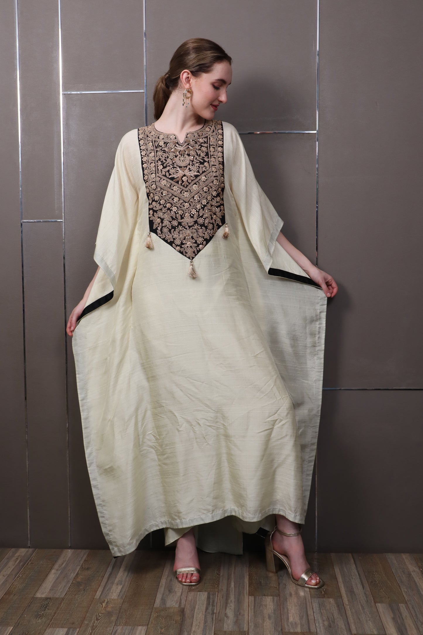 Beige Chinon Kaftan Dress