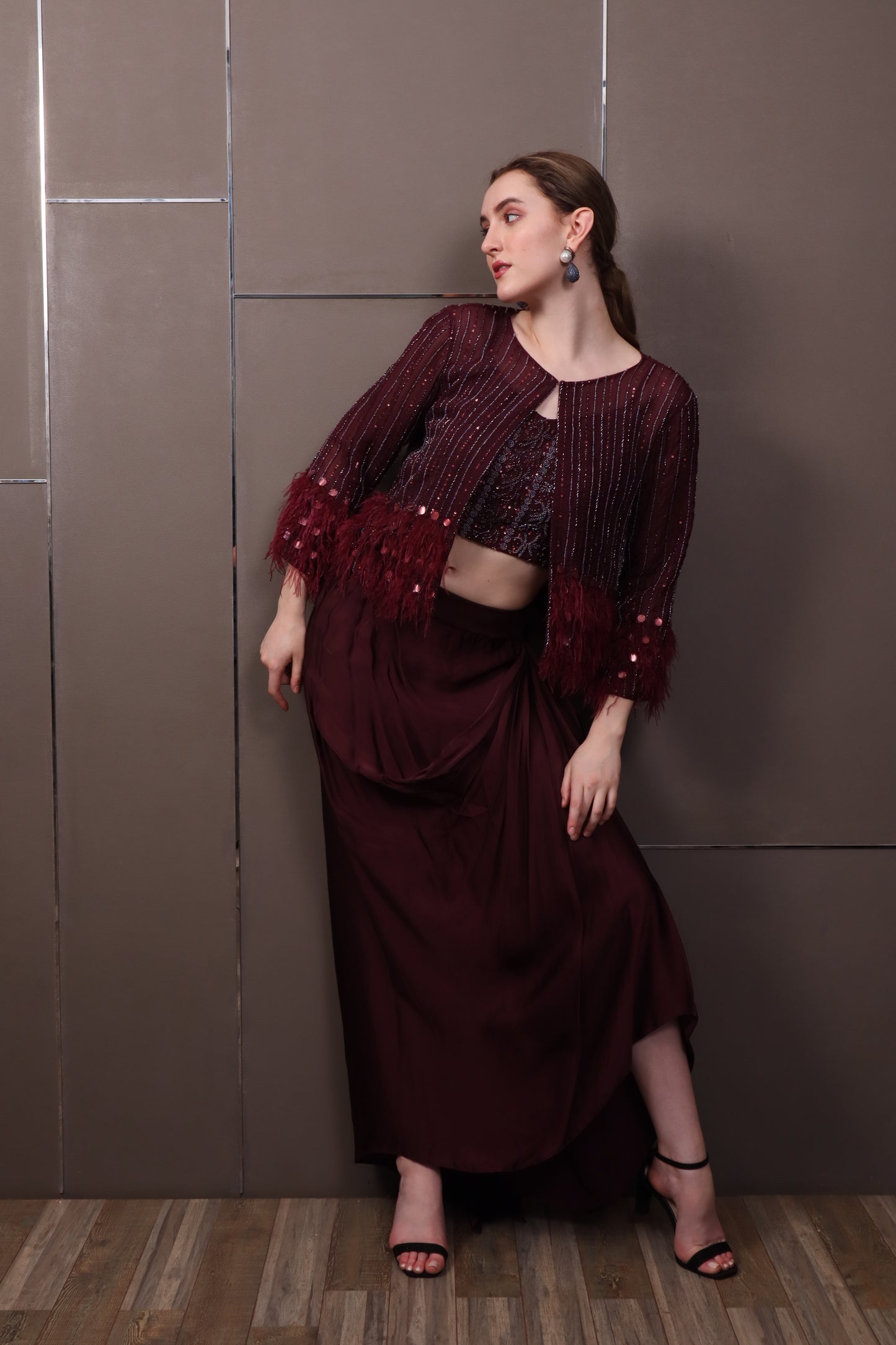 Maroon Crepe Set with Top, Skirt & Jacket