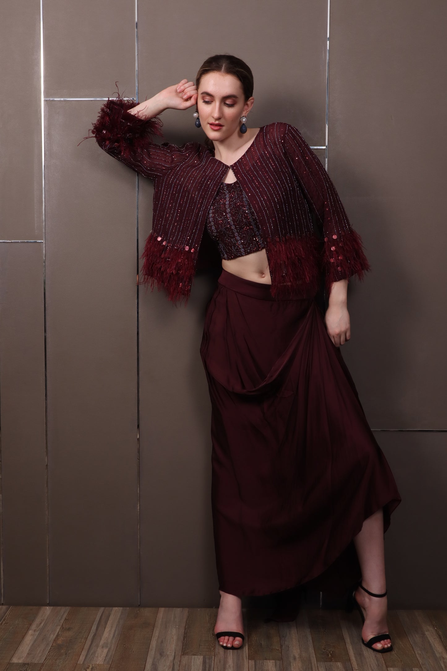 Maroon Crepe Set with Top, Skirt & Jacket